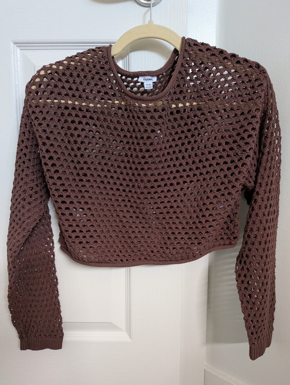 Garage Cropped Open-Knit Sweater in Chocolate Brown